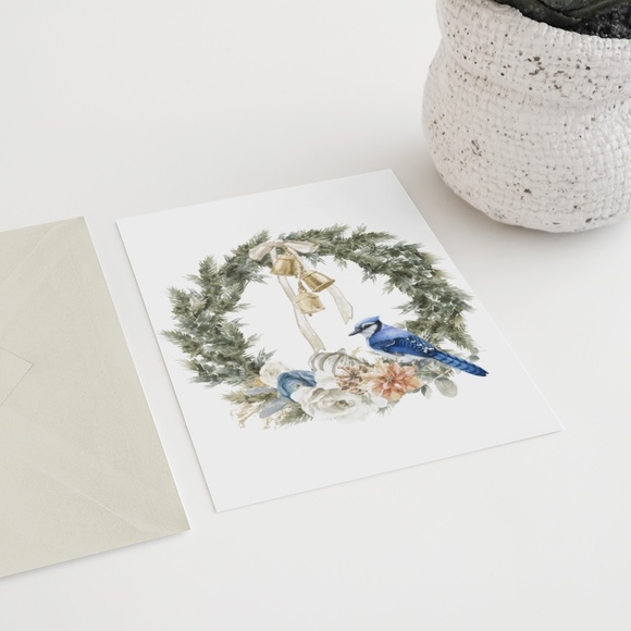Wall Art Watercolor Blue Jay Christmas Wreath Illustration Print Card, Unframed - Picture 4 of 7